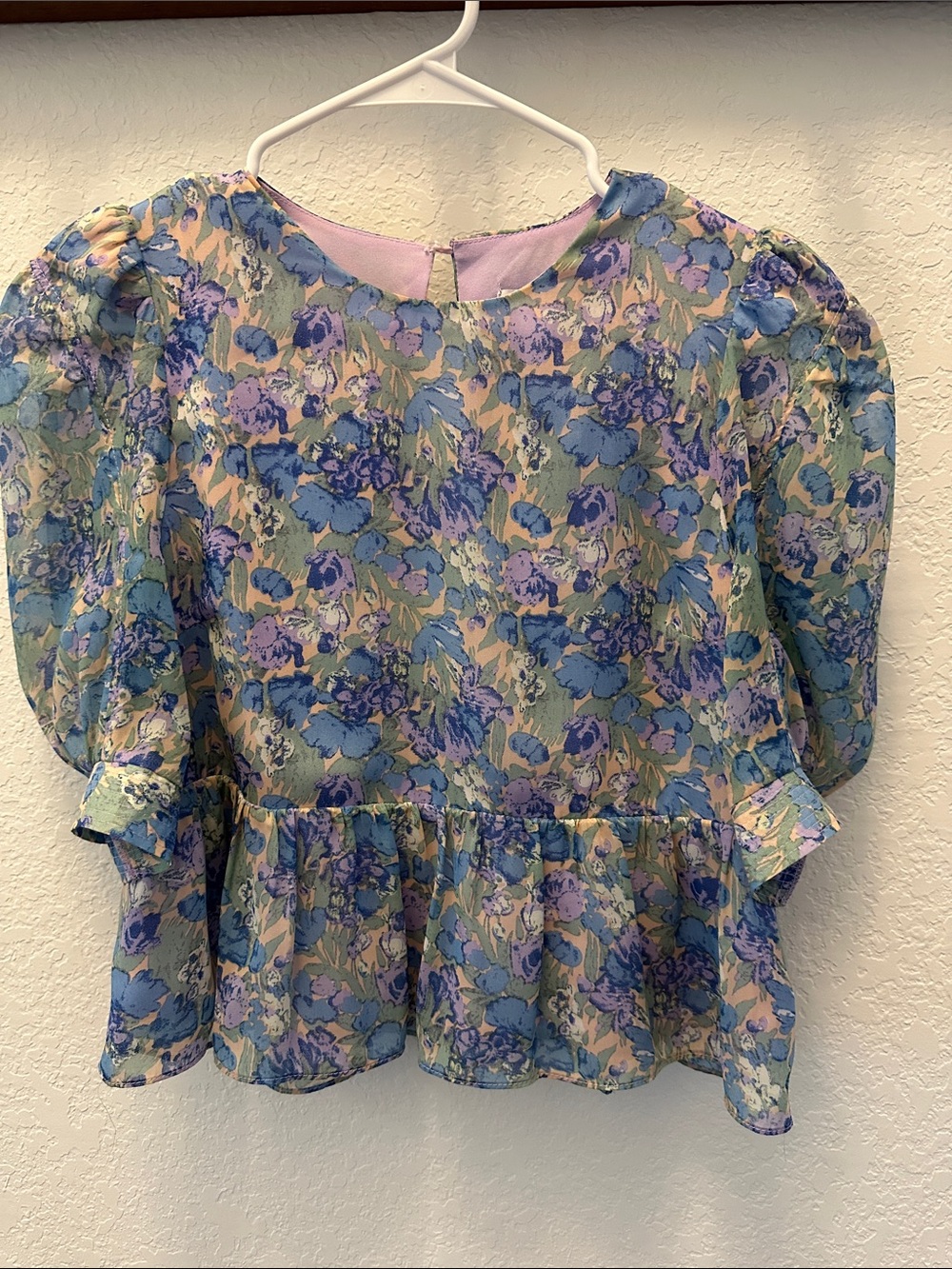 En Saison Floral Peplum Blouse - Blue, Lavender & Sage